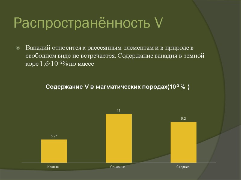 Распространённость V Ванадий относится к рассеянным элементам и в природе в свободном виде не